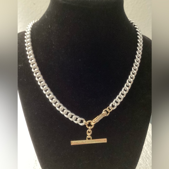 Lauren Ralph Lauren Engraved Bar Silver & Gold Metal Chain Necklace